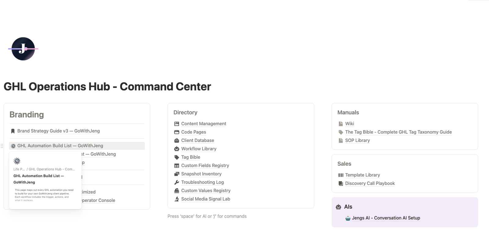 GoHighLevel operations hub showing branding, directory, and manuals columns